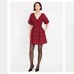 Old Navy Medium Red Tartan Plaid Waist Defined Mini Dress NWT Cotton